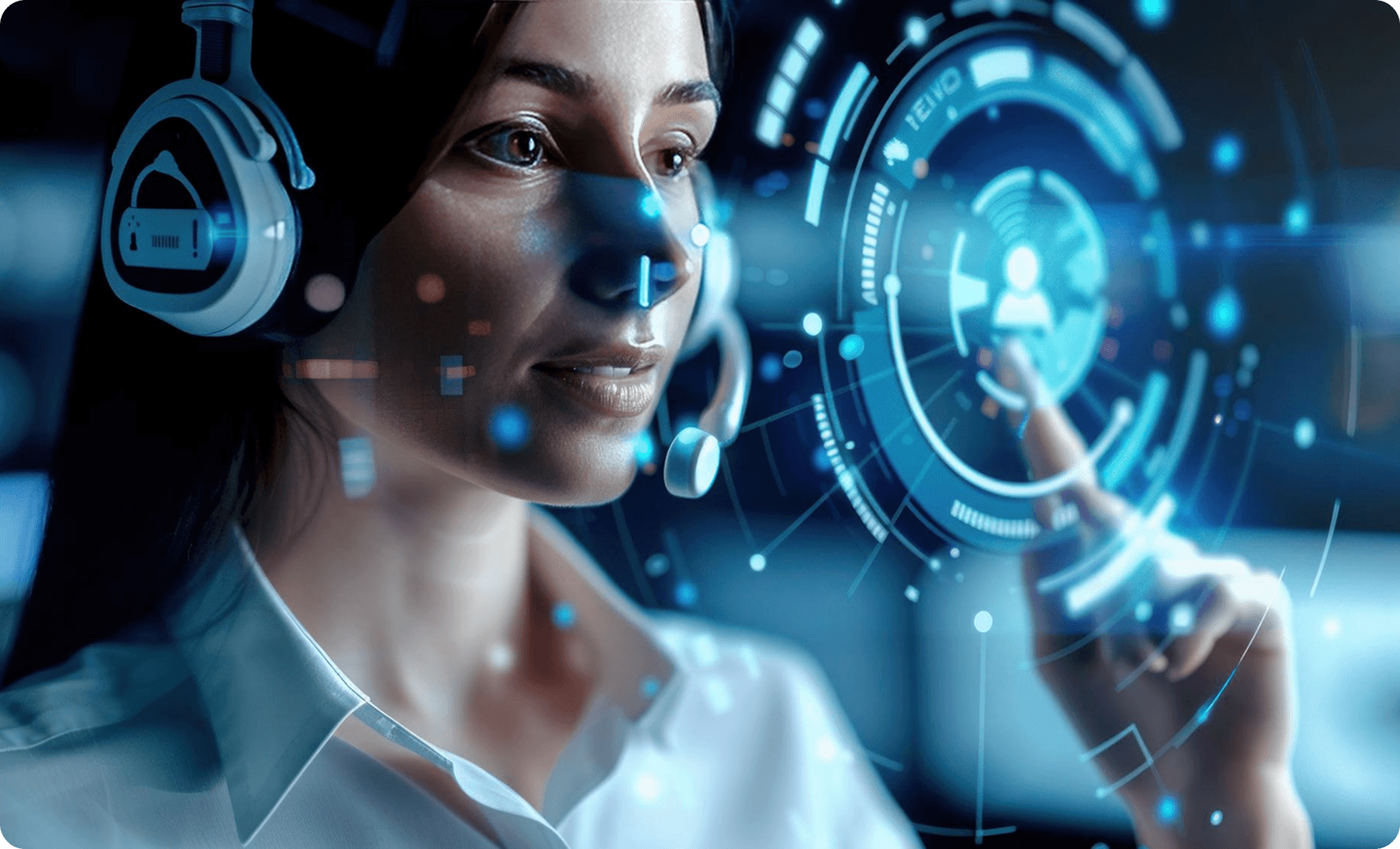 A woman is looking at a computer screen with a blue background with a womans hand on it