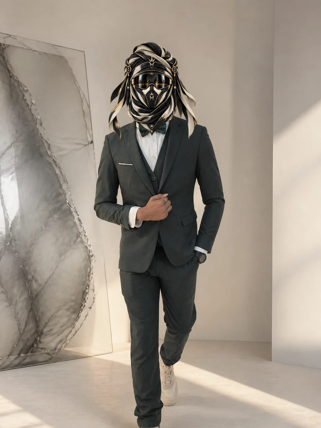 Full-length view of Evergreen, a narrow deep-green two-piece suit with a light shirt and dark bow tie, with the official Marzelest face covering.