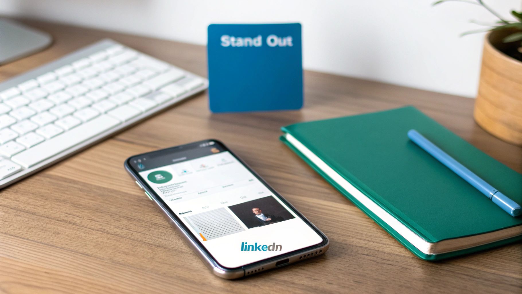 Smartphone showing LinkedIn app, keyboard, 'Stand Out' sign, and notebook on a wooden desk.
