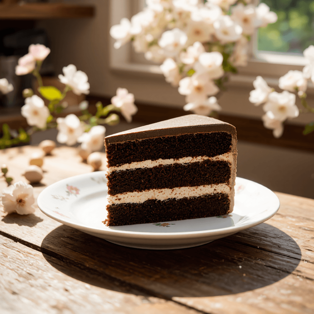 product photography of a slice of layered chocolate cake on a decorative plate
