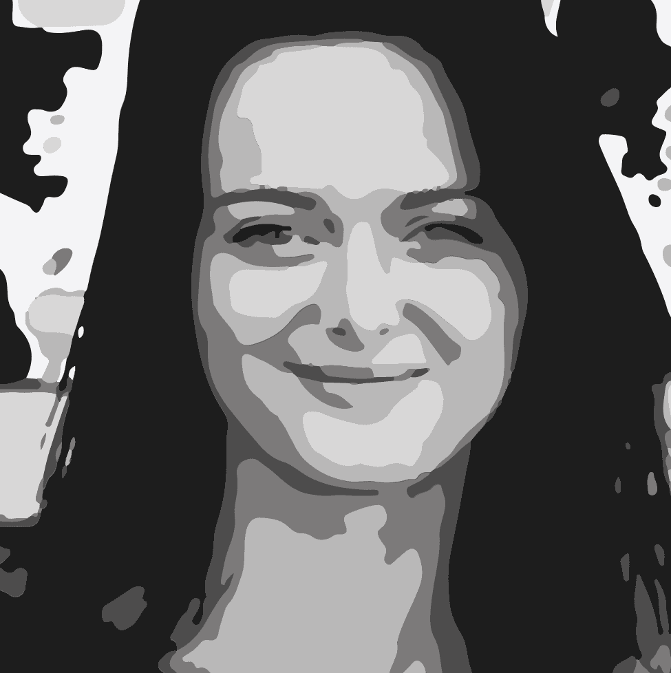 Stylized image of Olya Warren, a smiling white woman with with long dark hair