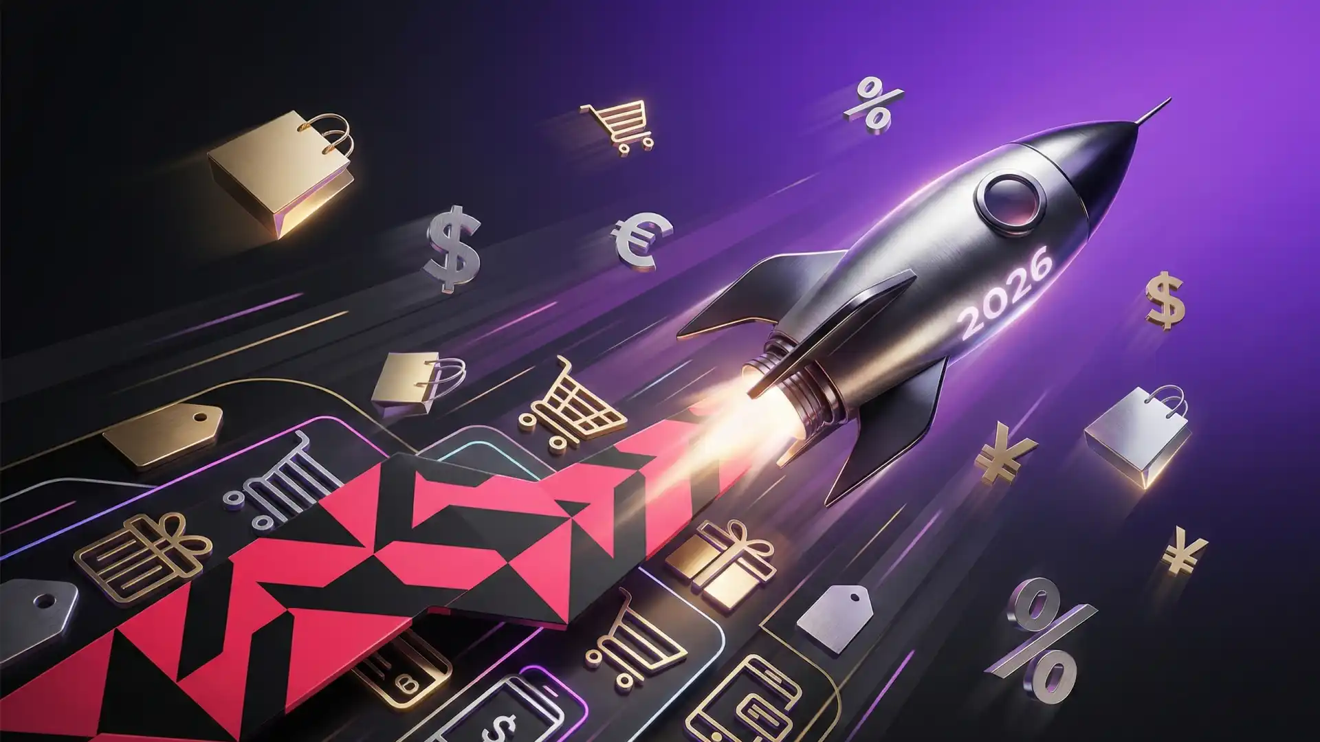  Metallic rocket launching through TikTok-branded geometric patterns with e-commerce icons representing explosive GMV growth and sales momentum