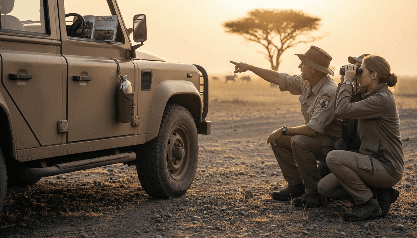 Un guía de safari acompaña a los visitantes mientras disfrutan de la fauna salvaje de Namibia.