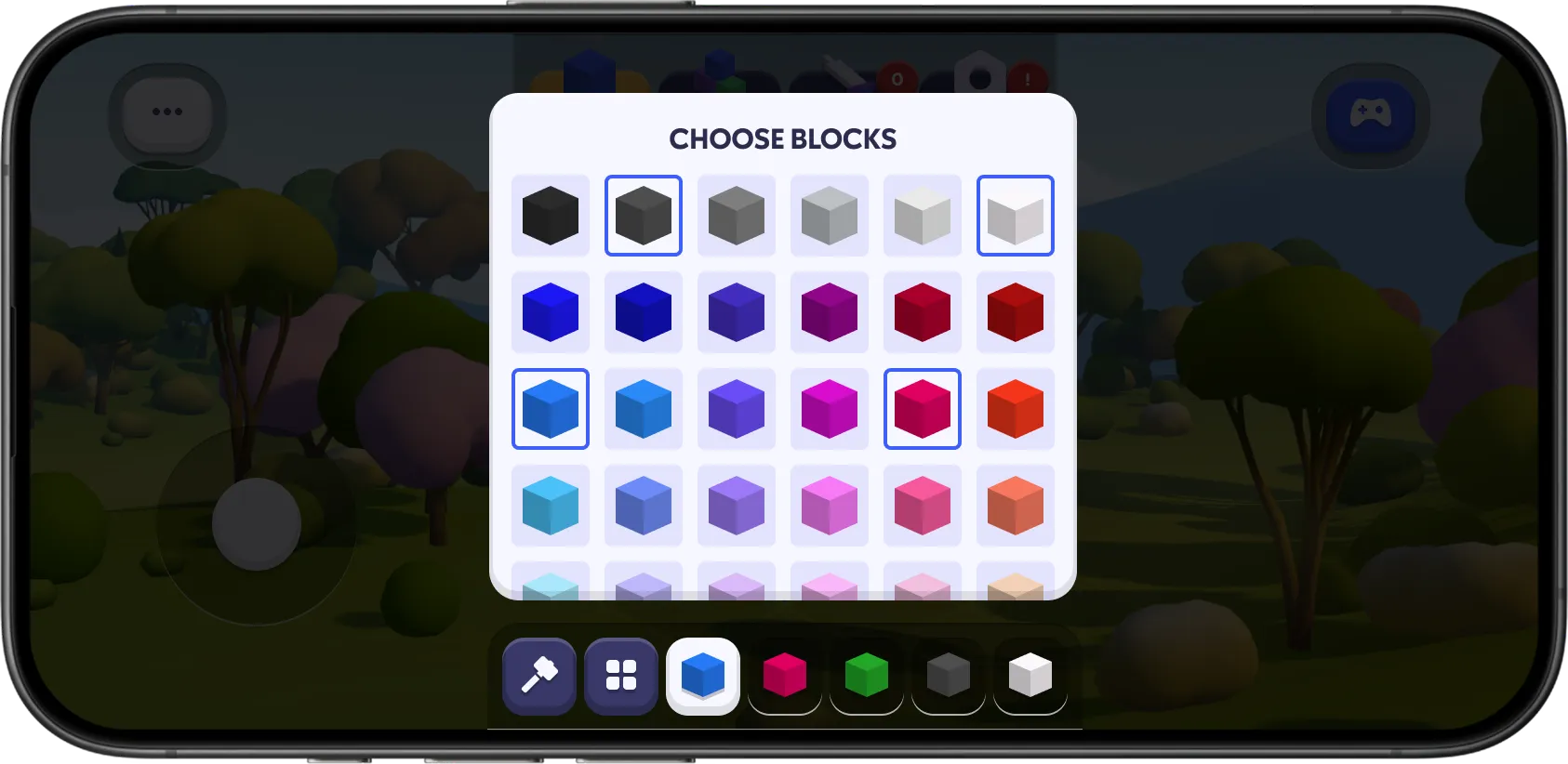 Chudo block selection modal showing a grid of colored cube blocks for building objects inside the world editor.