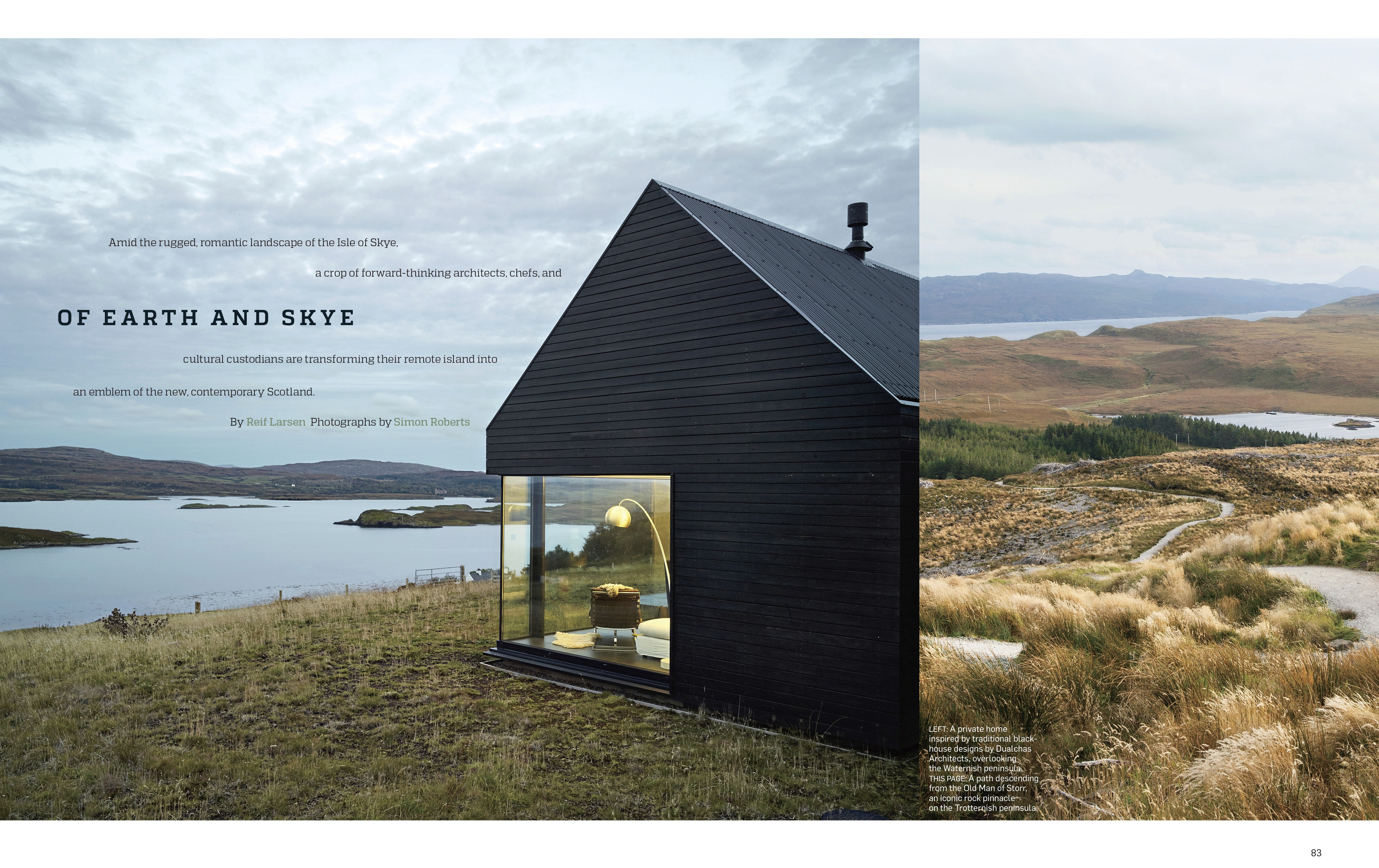 A layout of a diptych showing Isle of Skye. One side feature a black house with a corner window overlooking a lake, the second one is a landscape of the area.