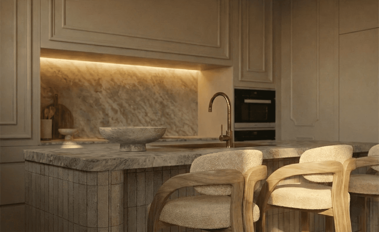 Proyecto Columela 8 de Calienzo, interiorismo en Salamanca con molduras clásicas, mármol natural y luz cálida.