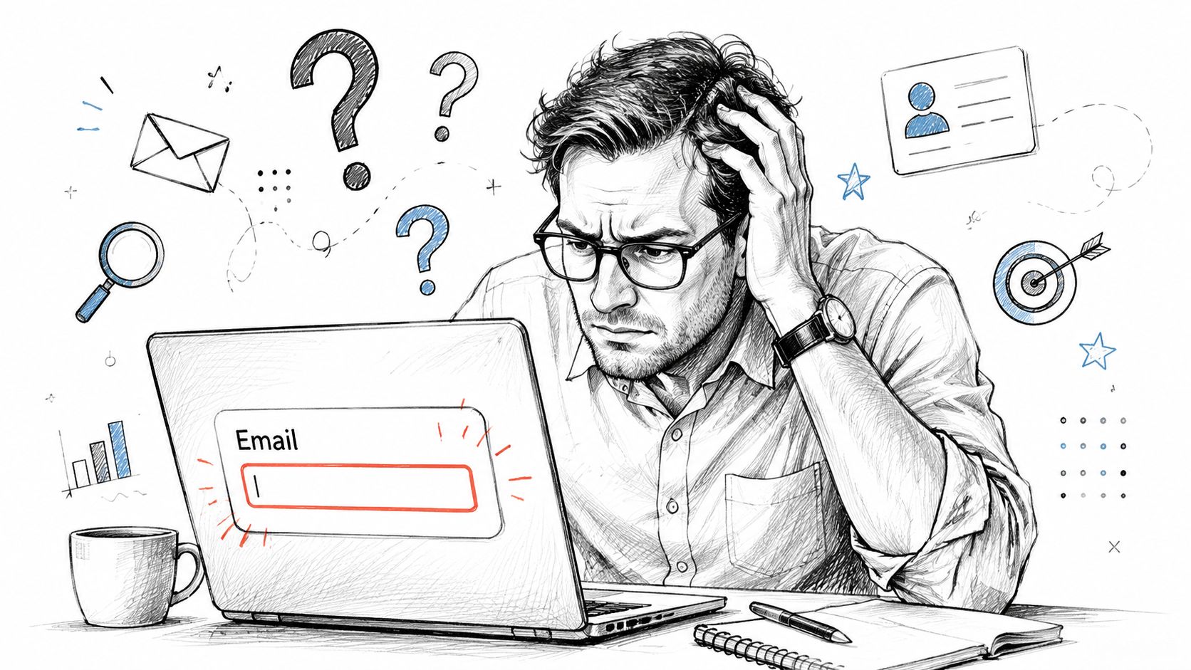 A frustrated professional man sitting at a laptop while searching for someone's email address online.
