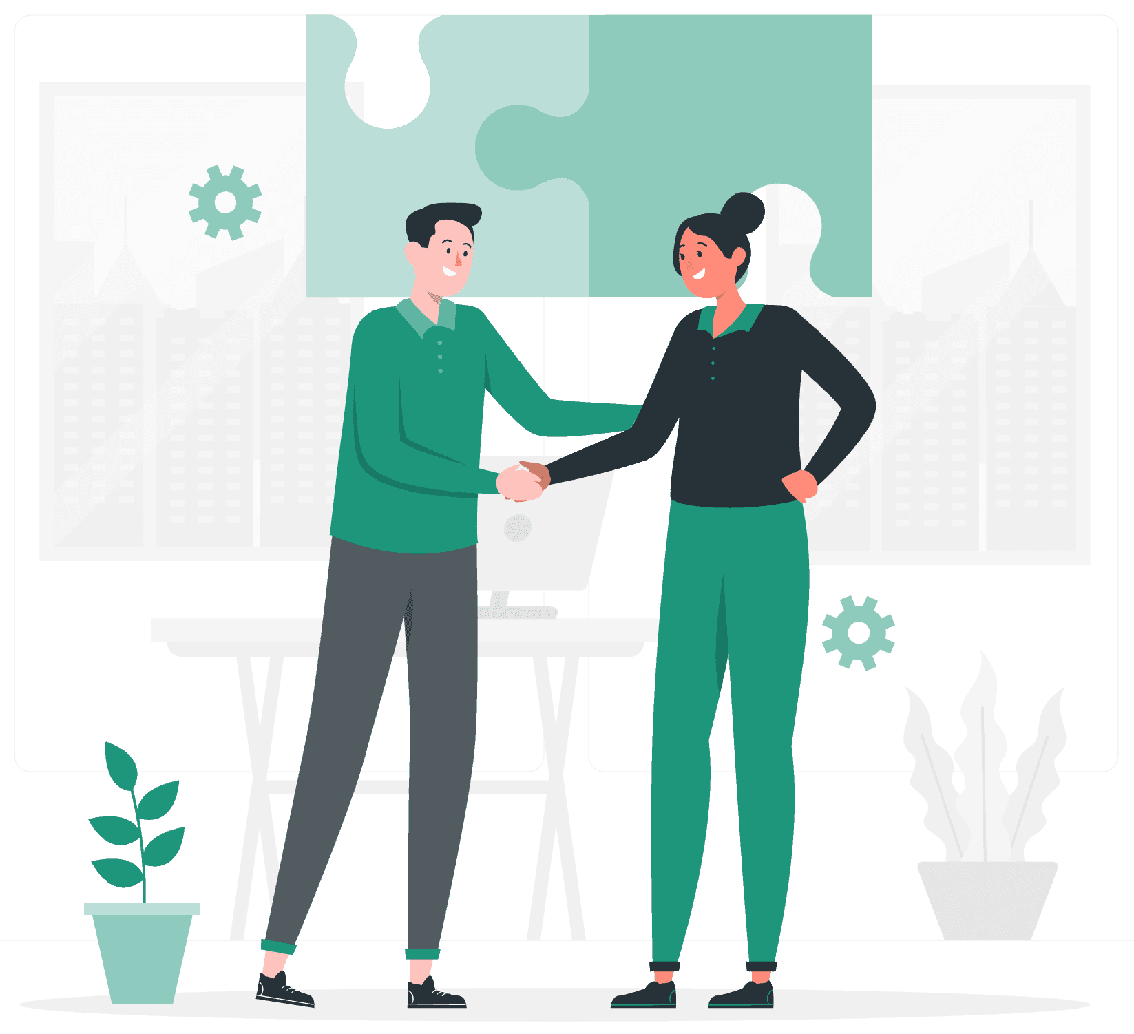 Illustration of two professionals shaking hands, symbolizing collaboration and partnership with CaseWhen Consulting for Power BI consulting and business intelligence services.