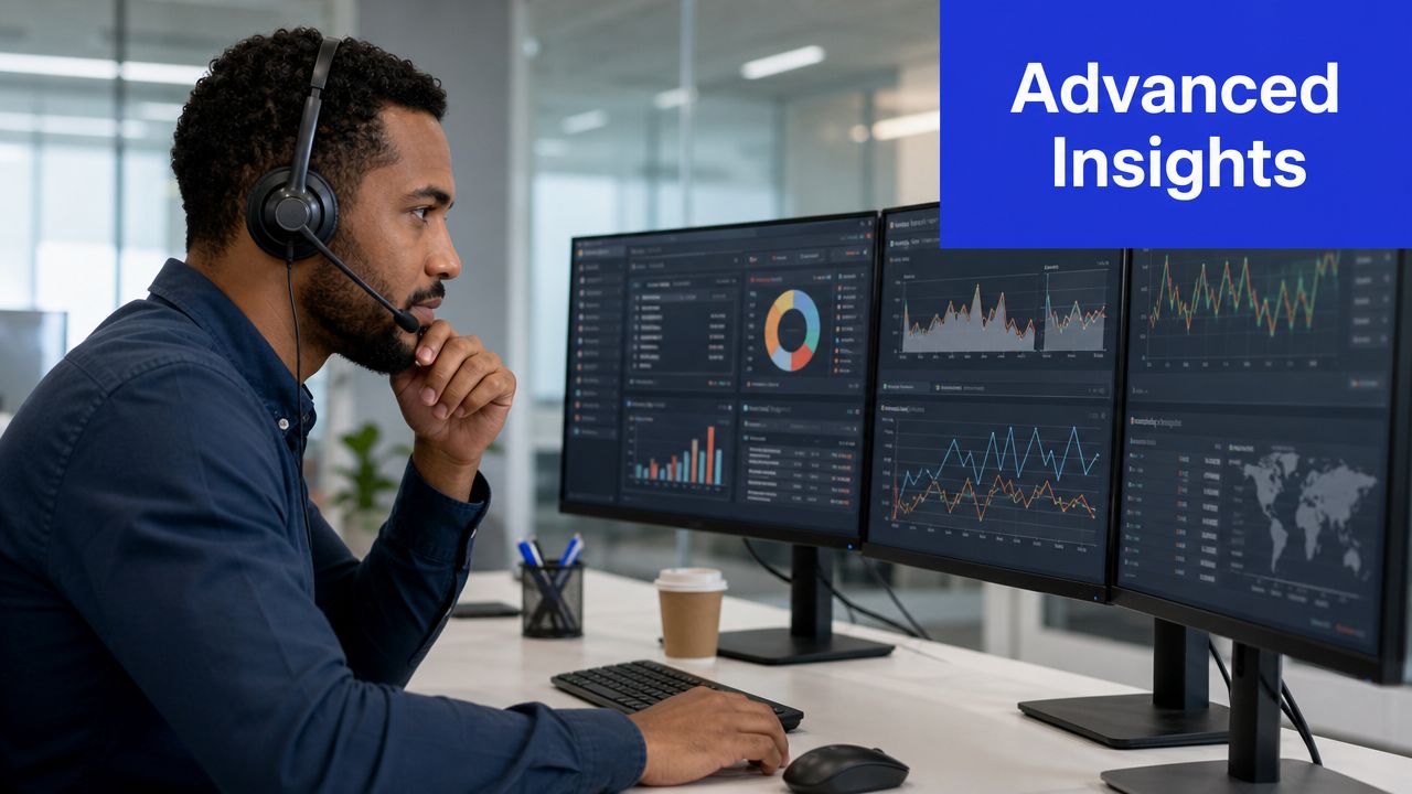 A professional customer support agent reviewing real-time data analytics and charts on multiple computer monitors.