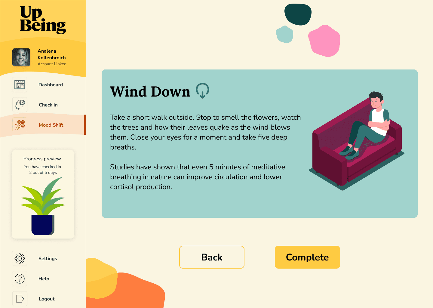 UpBeing ‘Wind Down’ activity screen showing calming instructions, a soothing illustration of a seated character, and Back and Complete buttons, framed within a soft, pastel dashboard layout.