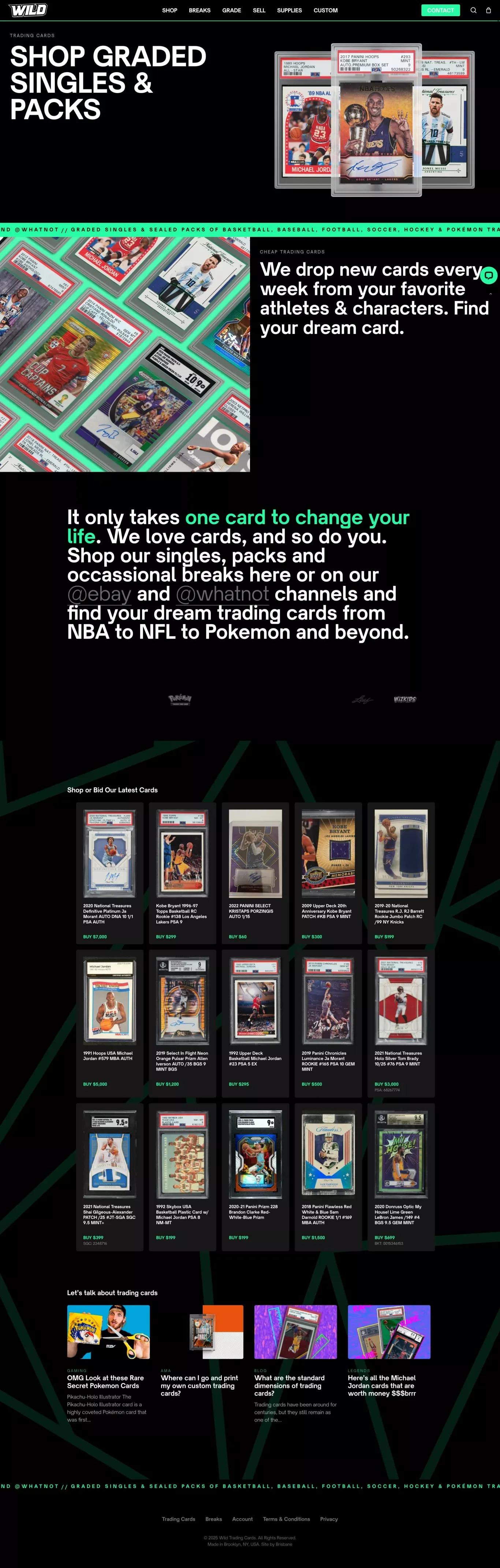 Wild Trading Cards landing page screenshot showcasing Sport and Ecommerce design