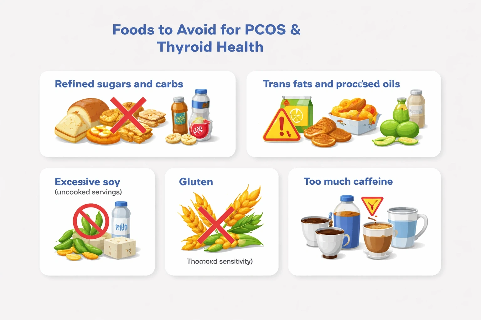 Modern card layout showing foods to avoid for PCOS and thyroid diet, with accent color #3b82f6 on light gray background.