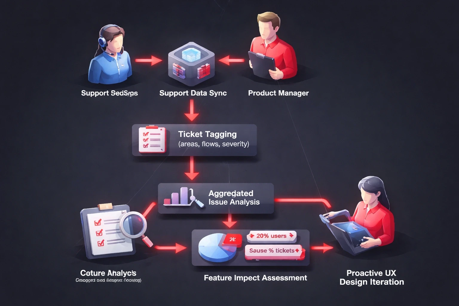 Isometric low‑poly flowchart showing support data integration into product development cycles, with faceted characters for support agents and product managers, arrows linking ticket analysis, feature prioritization, and design iteration, using the site accent #ed3c48 on a dark #212121 background.