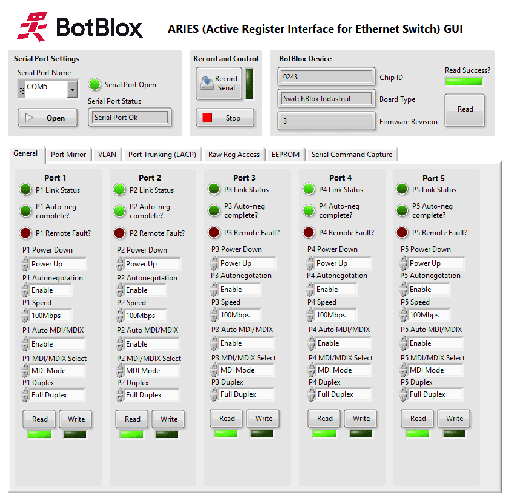 ARIES GUI General tab showing link status, auto-negotiation, speed and duplex for the five ports of a SwitchBlox Industrial