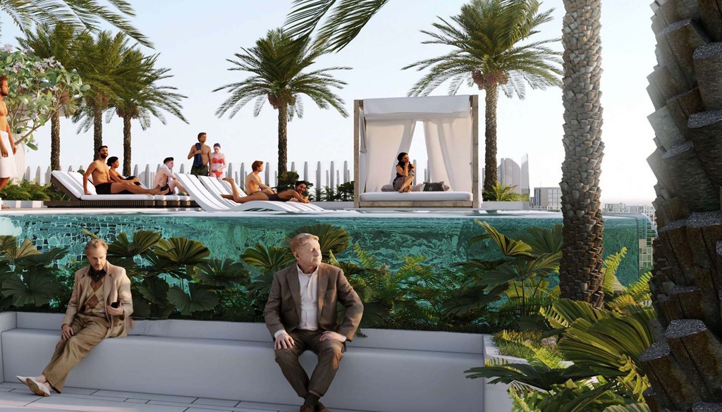 Cove Edition 6 rooftop pool with lounge chairs, offering a stunning view of the city skyline.