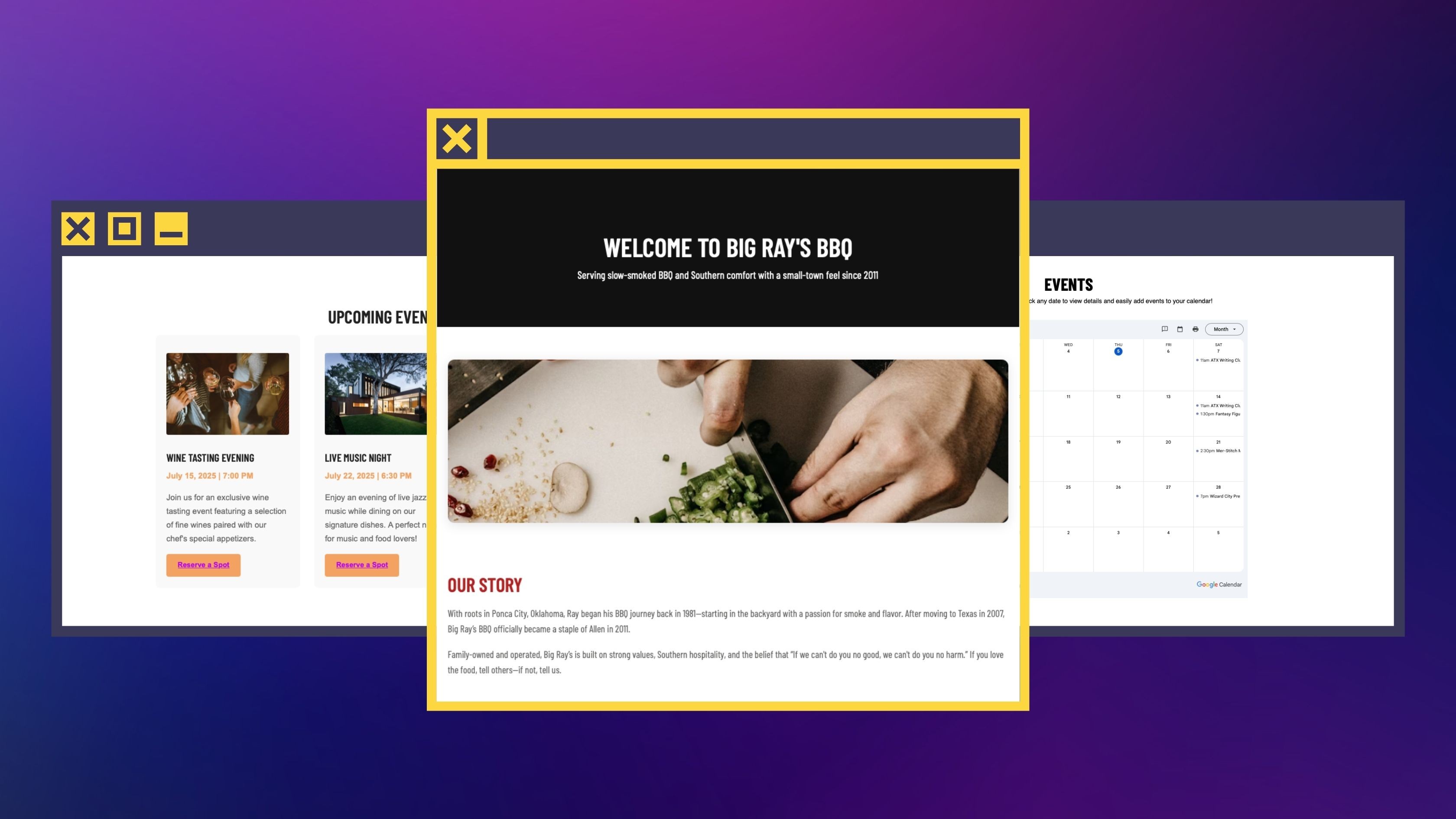 a dining area with tables and chairs in front of a yellow and blue wall