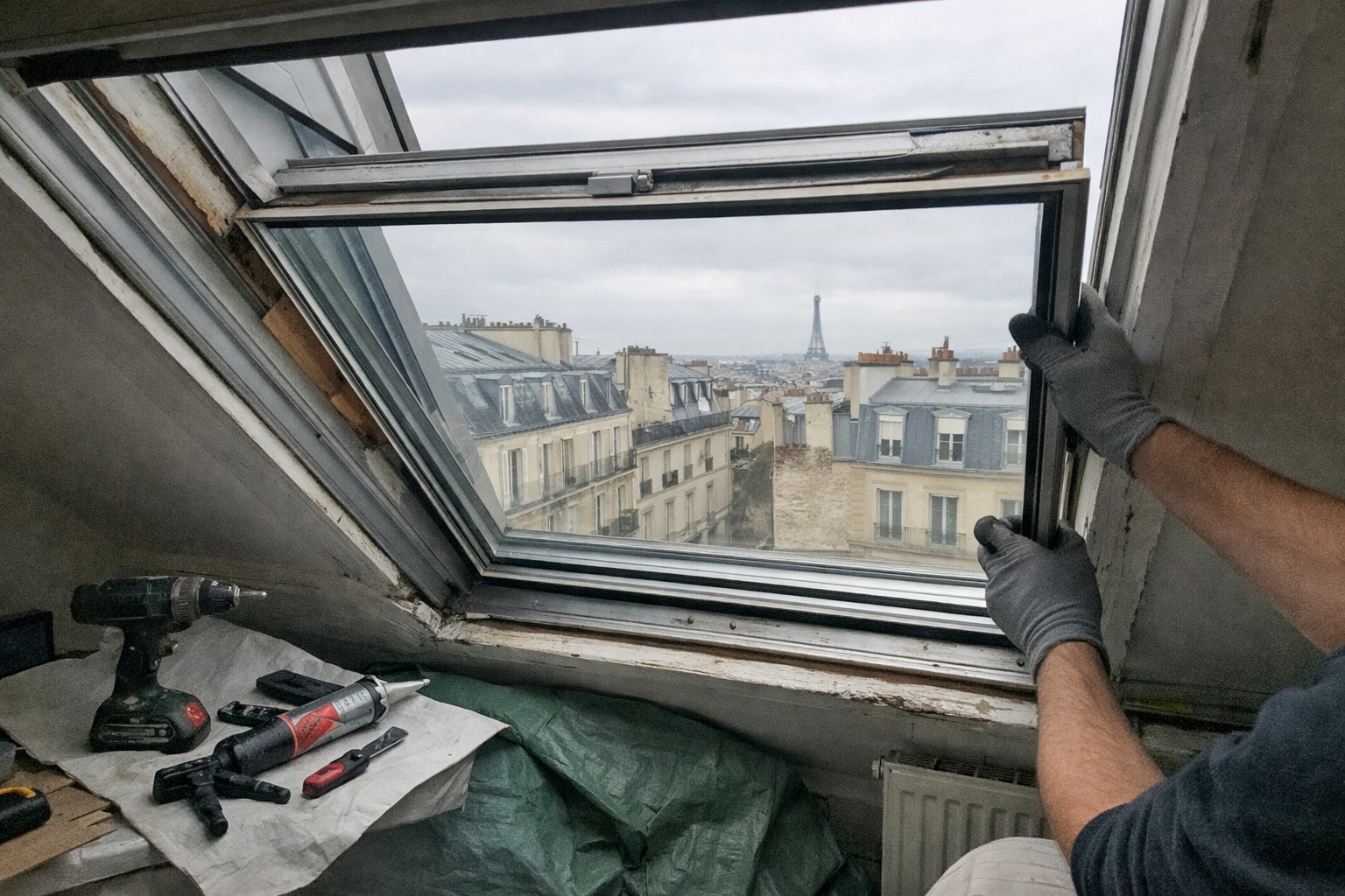 Remplacement de vitrage Velux à Paris, artisan sur toiture effectuant la pose en lumière naturelle, photo réaliste format 16:9