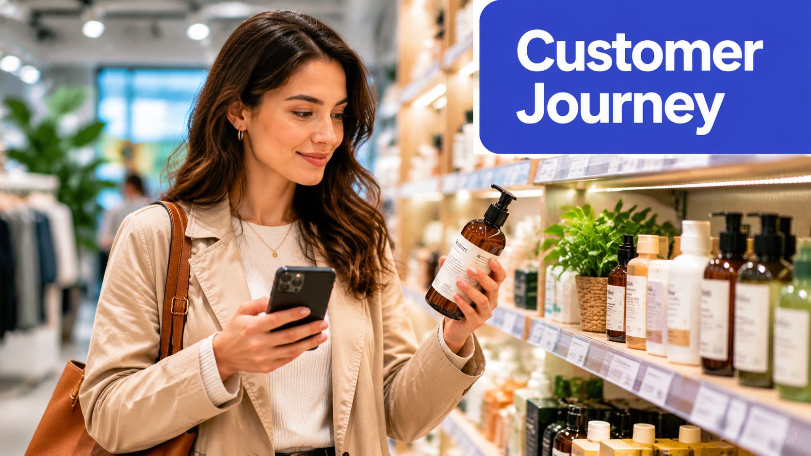A woman shopping in a retail store while holding her smartphone and checking a product label.