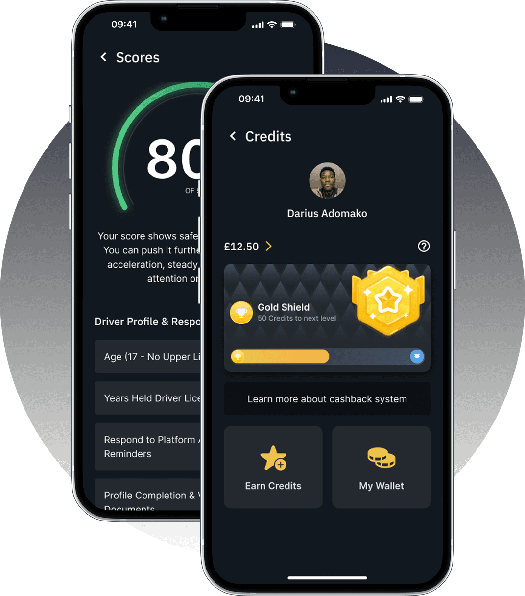 Motion Shield app screens showing Dashboard and marketplace