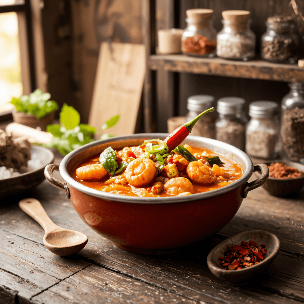 product photography of a bowl of spicy seafood stew
