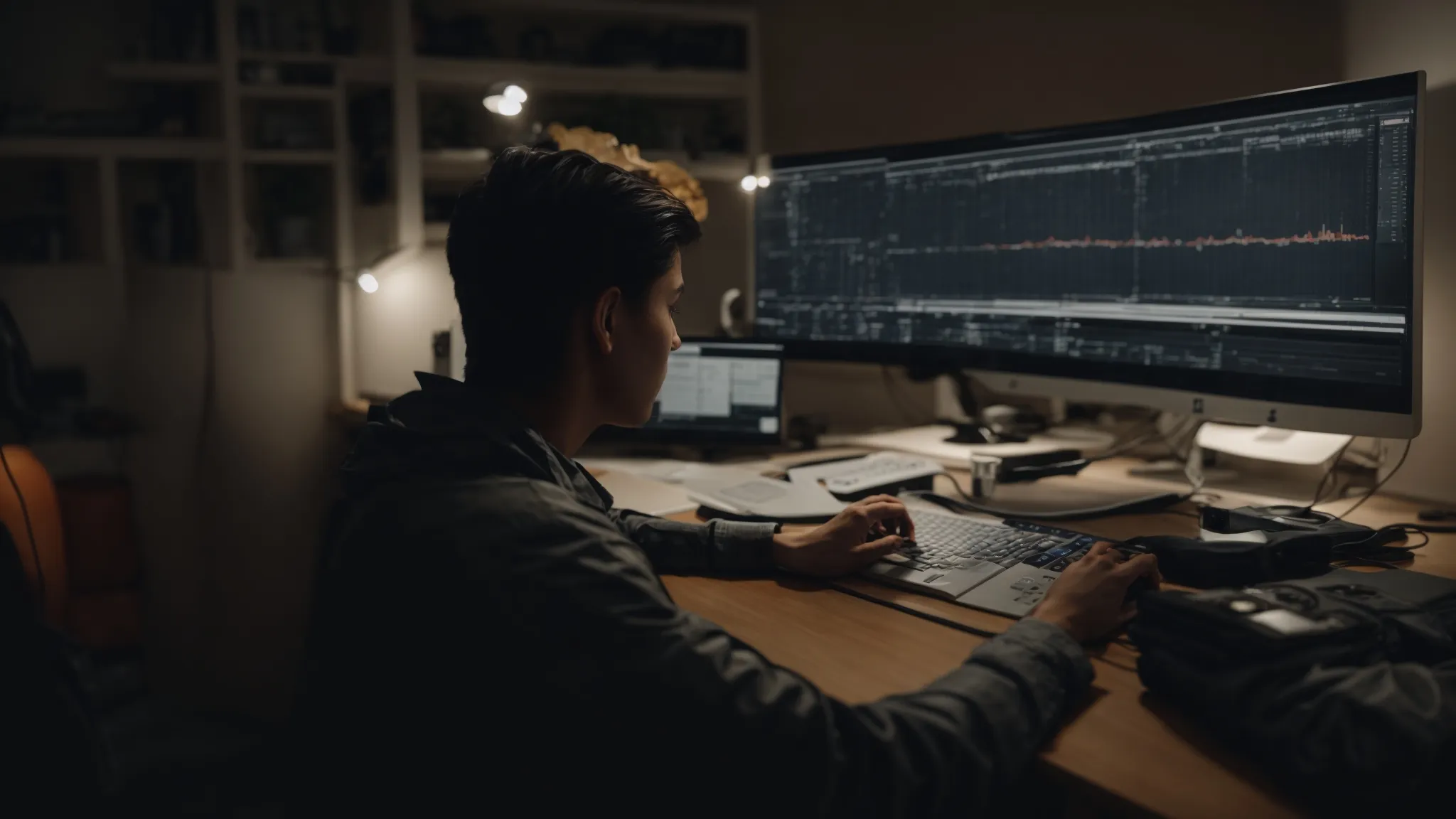 a person sitting in front of a computer screen, editing a video on a professional software interface.