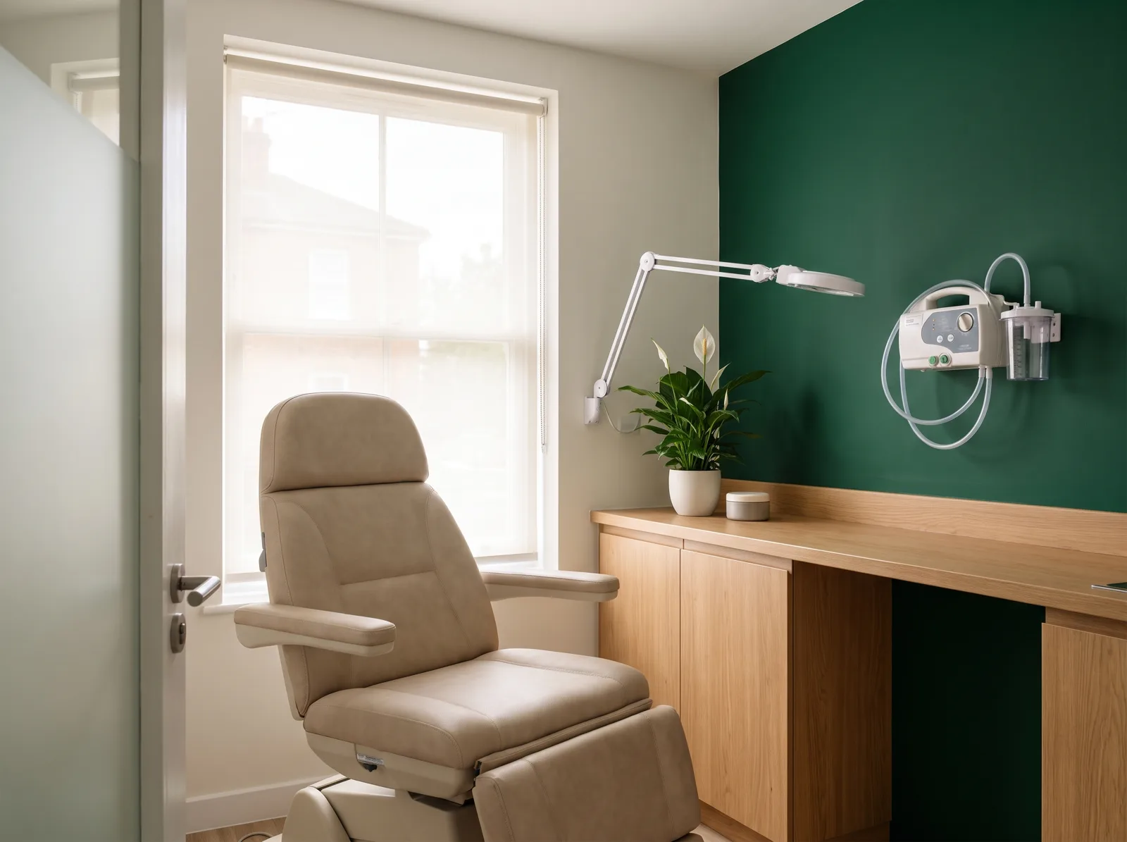 Bright consultation room with a treatment chair and microsuction unit at Burntwood Clinic
