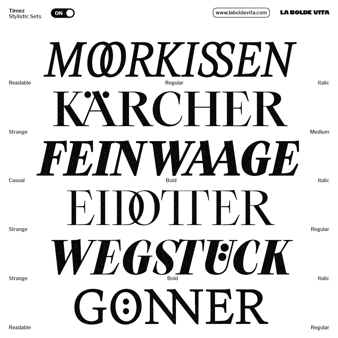 six lines of sample words showing off discretionary ligatures and tight alternates of the Timez family in different styles