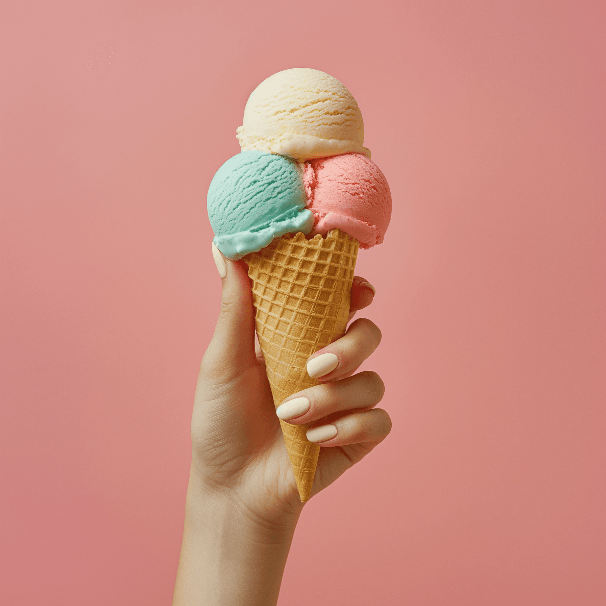 Hand holding waffle cone with three scoops of colorful pastel ice cream