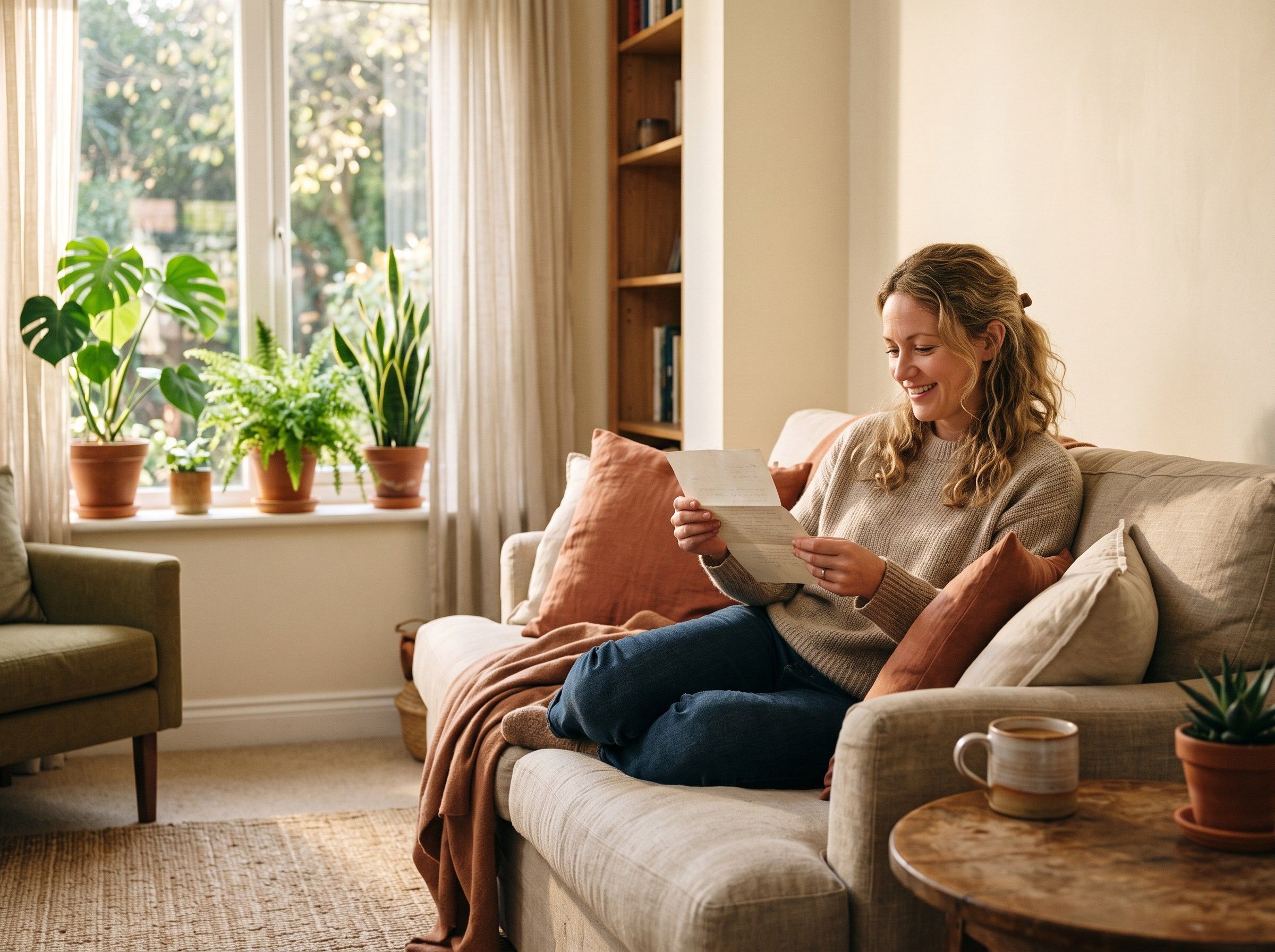 A woman relaxing on a sofa while reading her phone