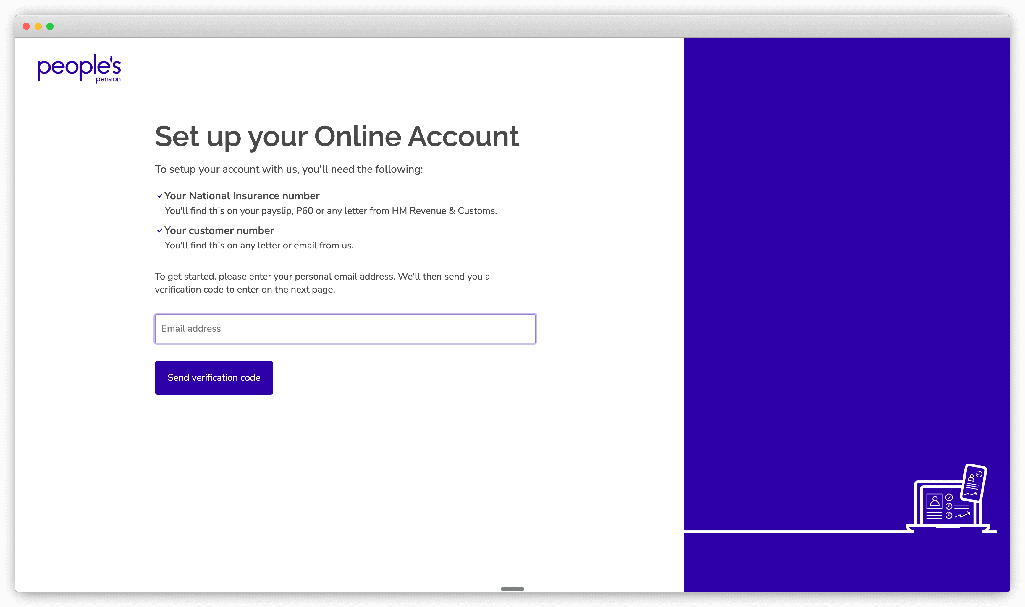 The People's Pension online account setup page listing the details needed to register