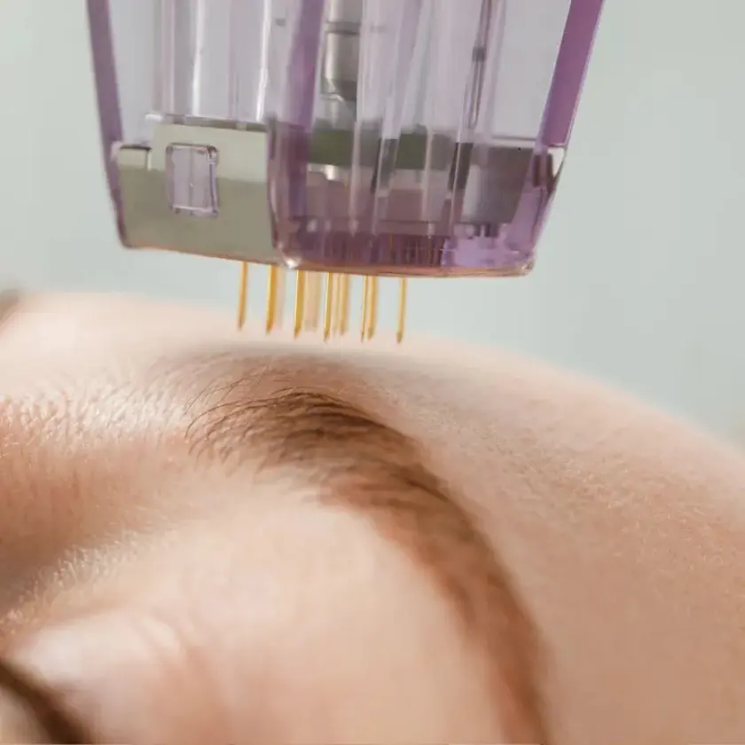 Urządzenie do mezoterapii mikroigłowej z cienkimi igłami pracujące na skórze czoła w gabinecie Belleza Beauty