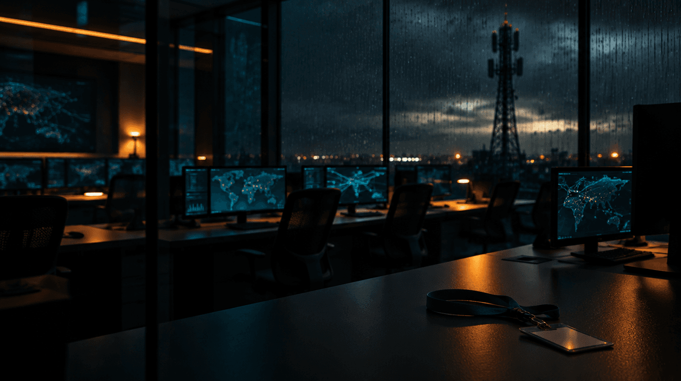 Empty telecom network operations centre at night with a cell tower beyond rain-streaked windows and an access badge on a desk