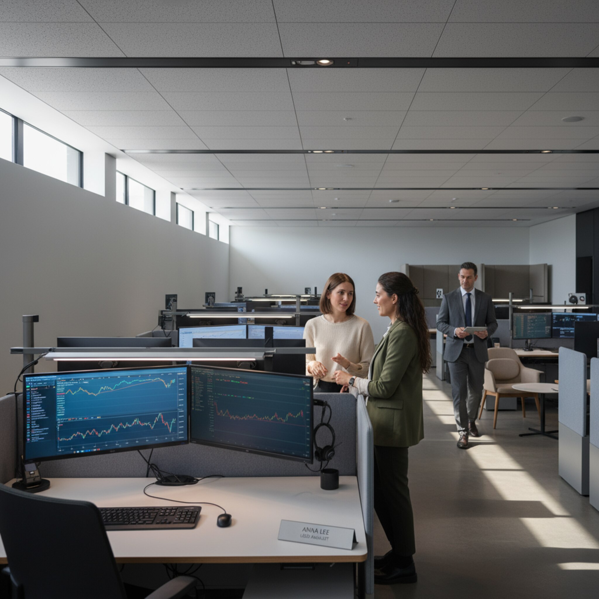 Ein moderner Handelsbereich mit niedrigen Deckenpaneelen und gedämpftem Tageslicht liegt noch still vor Arbeitsbeginn. Zwei Kolleginnen sprechen leise am Rand eines Desk-Blocks und deuten auf einen markierten Platz. Ein Supervisor geht einen schmalen Gang ab, überprüft Sitzinseln und Ruhebereiche. Der Raum wirkt fokussiert und geordnet.