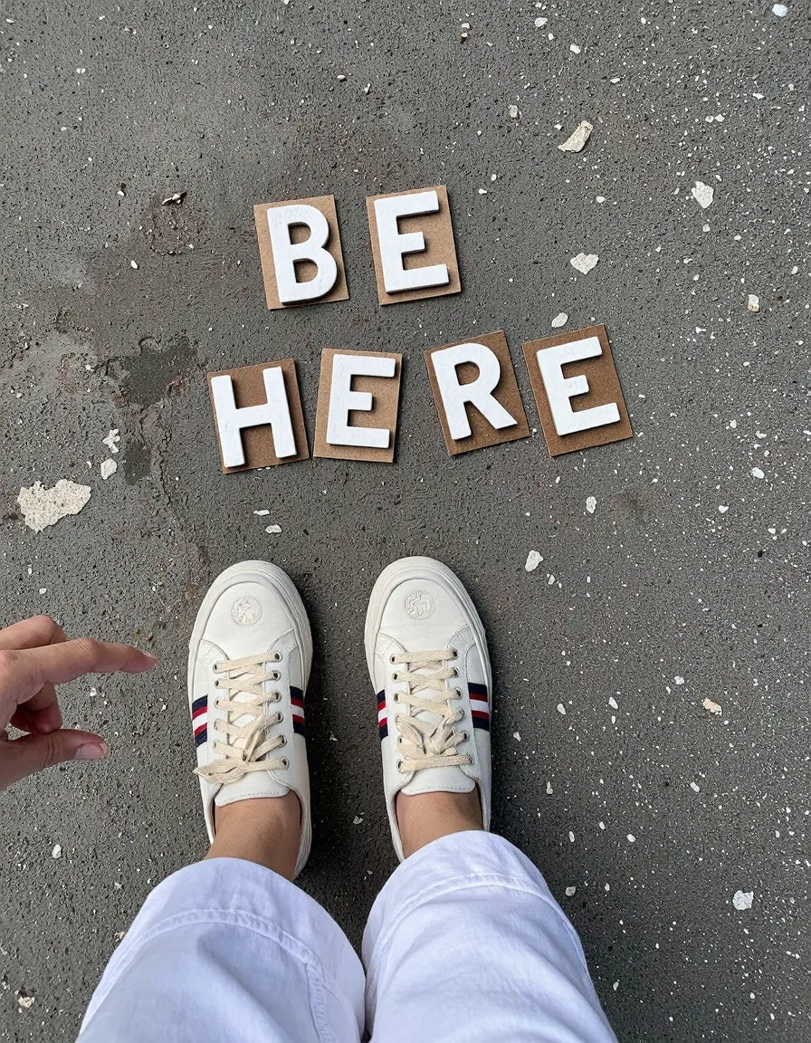Overhead view of white sneakers with red and blue stripes standing on concrete ground with wooden letters spelling "BE HERE"