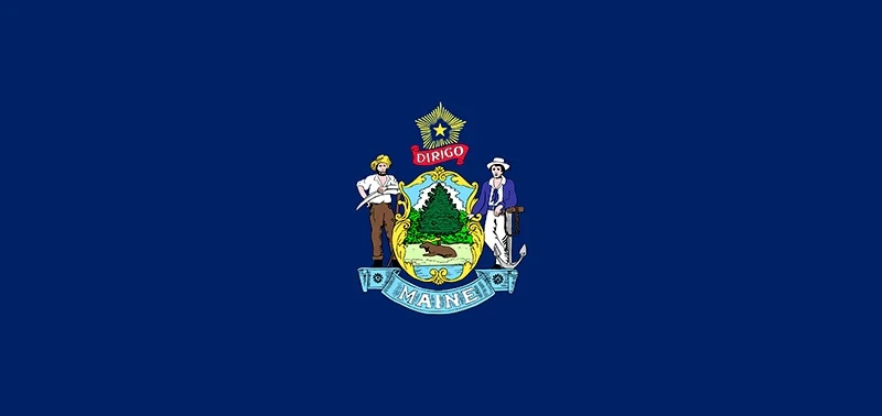 The flag of Maine features a blue background with a central state coat of arms. It shows a farmer and a seaman beside a shield with a pine tree, a moose, and the ocean, topped by a star.