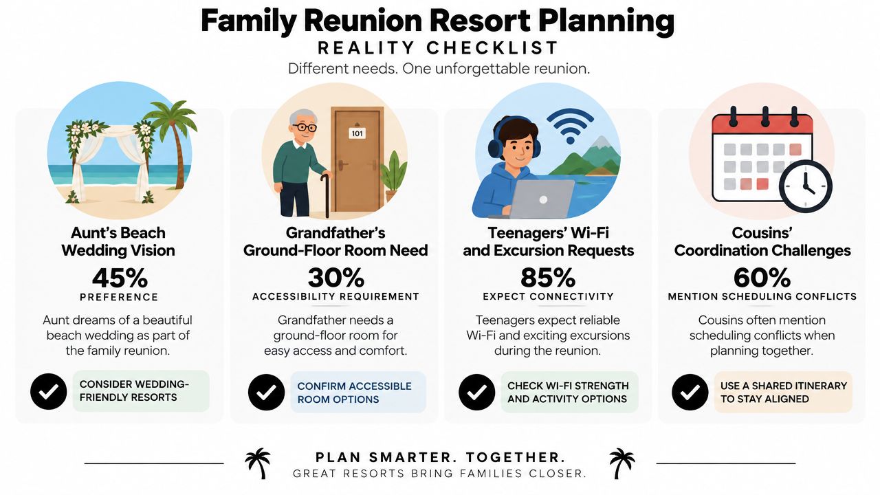 A checklist infographic titled Family Reunion Resort Planning detailing needs for weddings, accessibility, Wi-Fi, and scheduling.