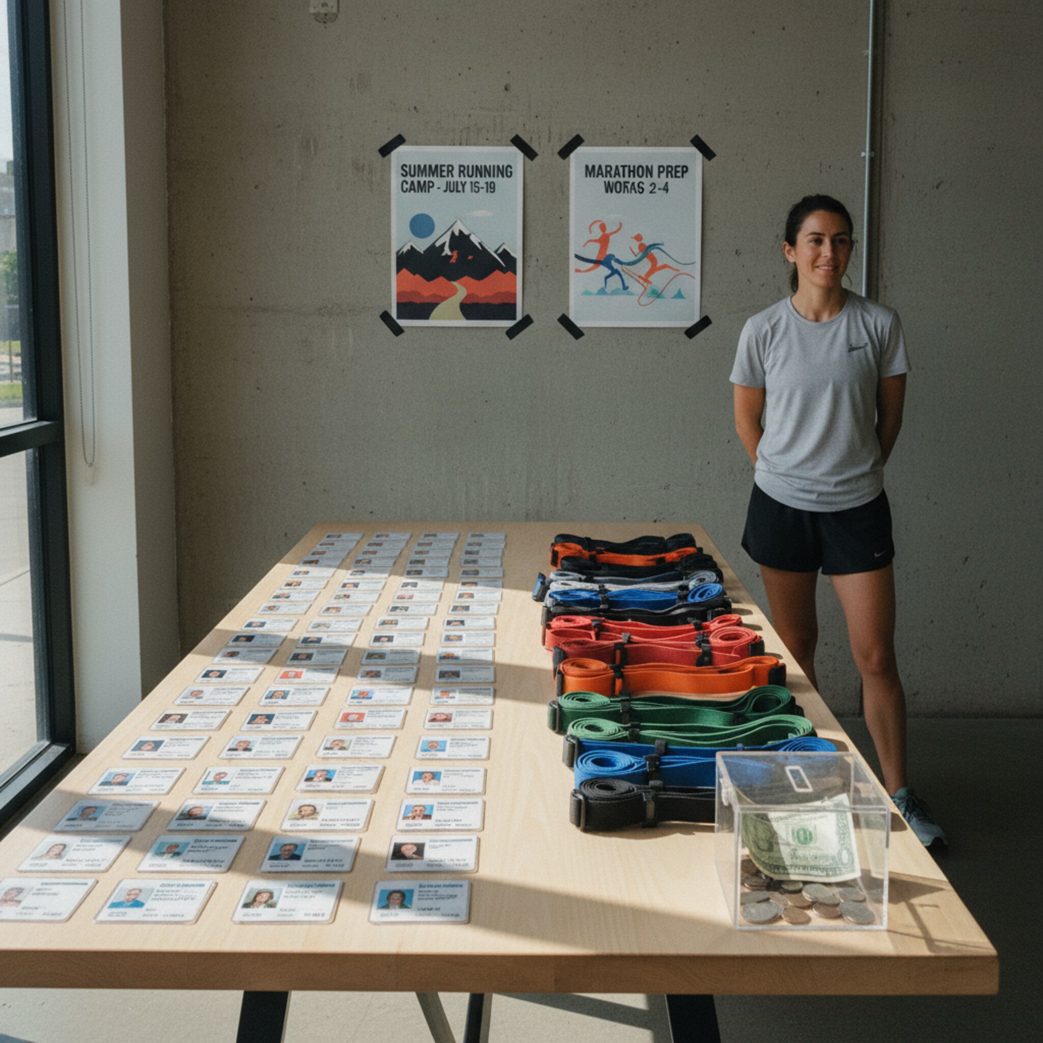 Im Vereinsraum liegen Mitgliedsausweise ordentlich auf einem Tisch, daneben sauber sortierte Startnummernbänder. Eine kleine Spendenbox steht bereit, Poster für ein Laufcamp hängen an der Wand. Ein ruhiger Moment vor dem Andrang vermittelt Struktur und Überblick.