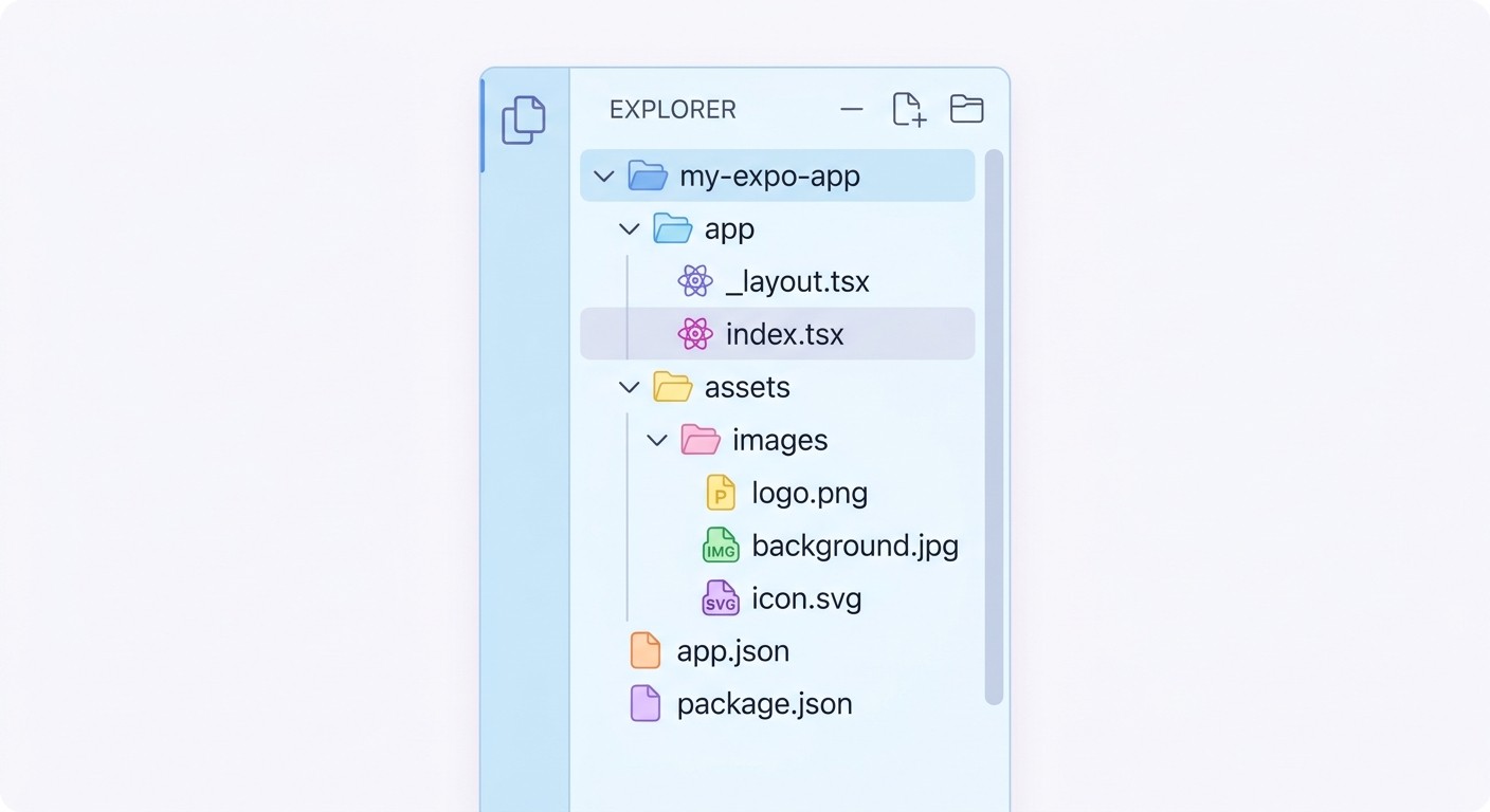 Code editor file explorer showing the default Expo project structure with the app folder, _layout.tsx, index.tsx, assets folder, app.json, and package.json.