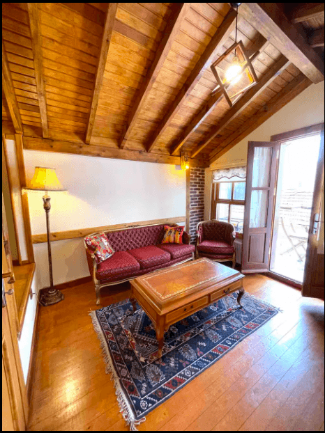 Boutique apartment living room in Ortaköy Istanbul with wooden ceiling and cozy seating area