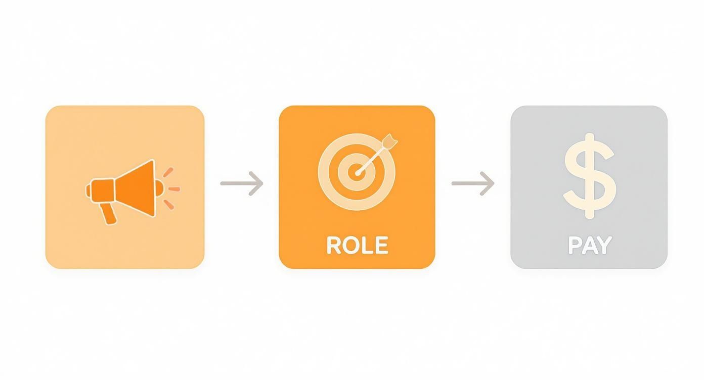 Infographic showing the process flow for crafting an executive assistant job description with icons for About Us, Role, and Pay.