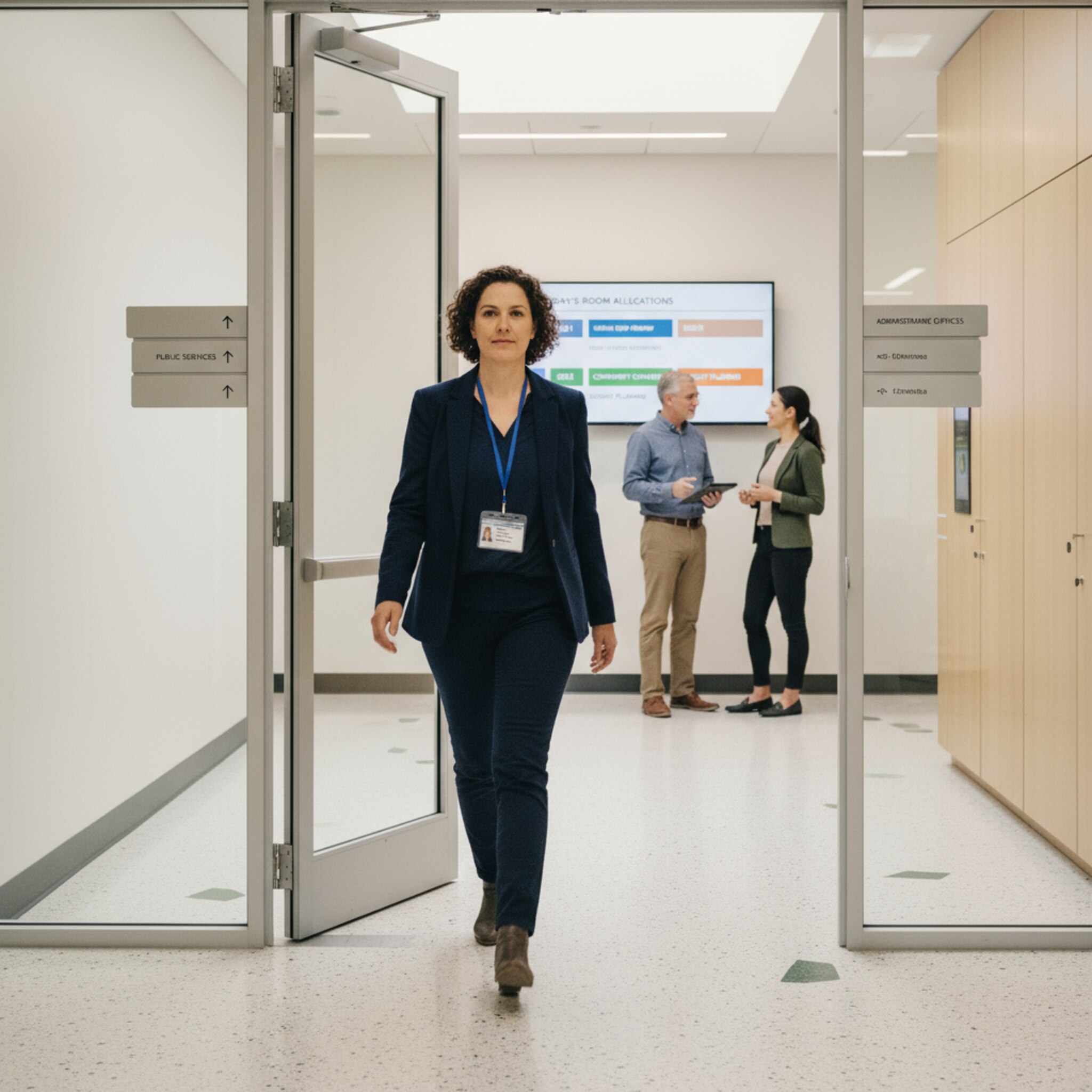 Ein Mitarbeiter mit Dienstausweis am Band passiert eine Glastür, während im Hintergrund Kolleginnen sich vor einem Aushang mit heutigen Raumbelegungen abstimmen. Der Flur ist hell, Beschilderung gibt klare Orientierung. Der Übergang zwischen Bereichen wirkt selbstverständlich und flüssig, ohne sichtbare Hürden.