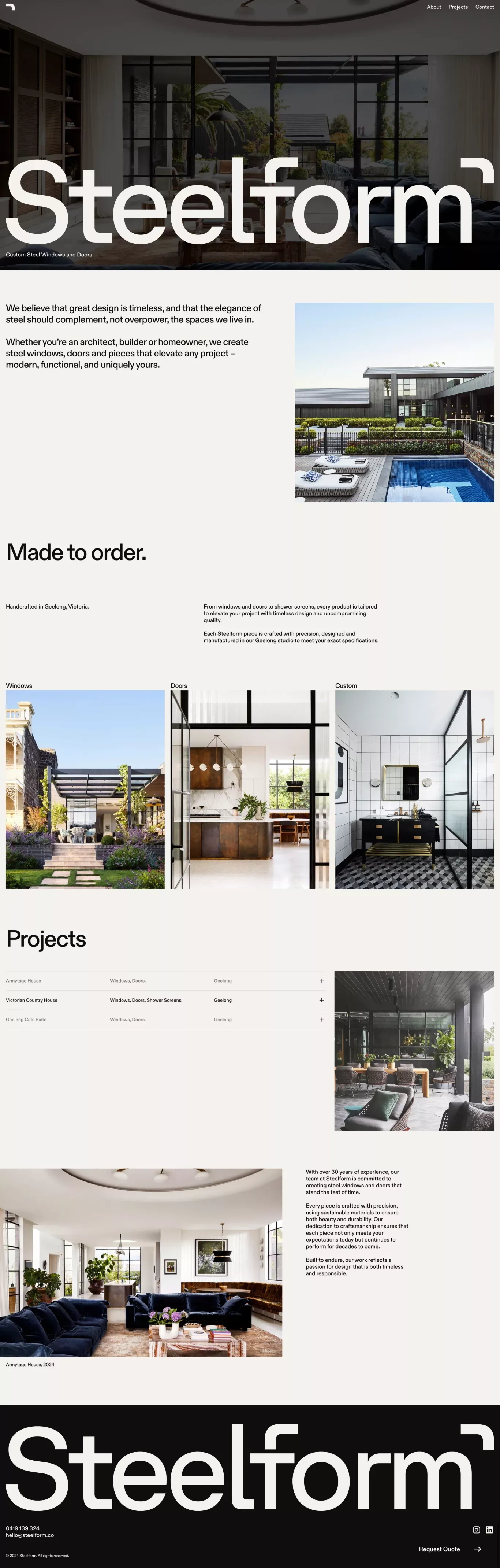 Steelform - Custom Steel Windows portfolio page screenshot showcasing Architecture and Design design