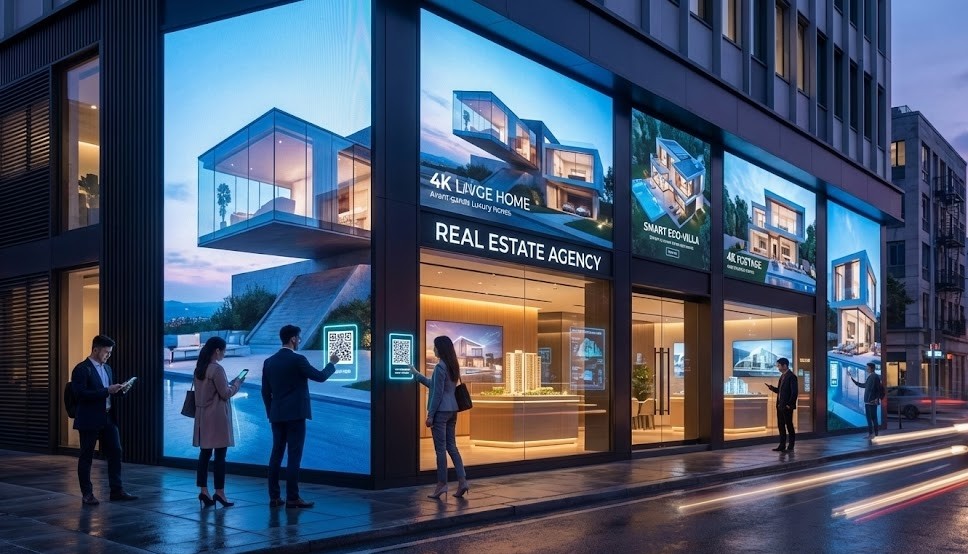 Fachada de imobiliária moderna à noite, com grandes telas digitais exibindo casas de luxo e o texto "4K LARGE HOME REAL ESTATE AGENCY". Várias pessoas na calçada interagem com QR codes nas telas usando smartphones. A cena urbana inclui reflexos na rua molhada e rastros de luz de veículos.