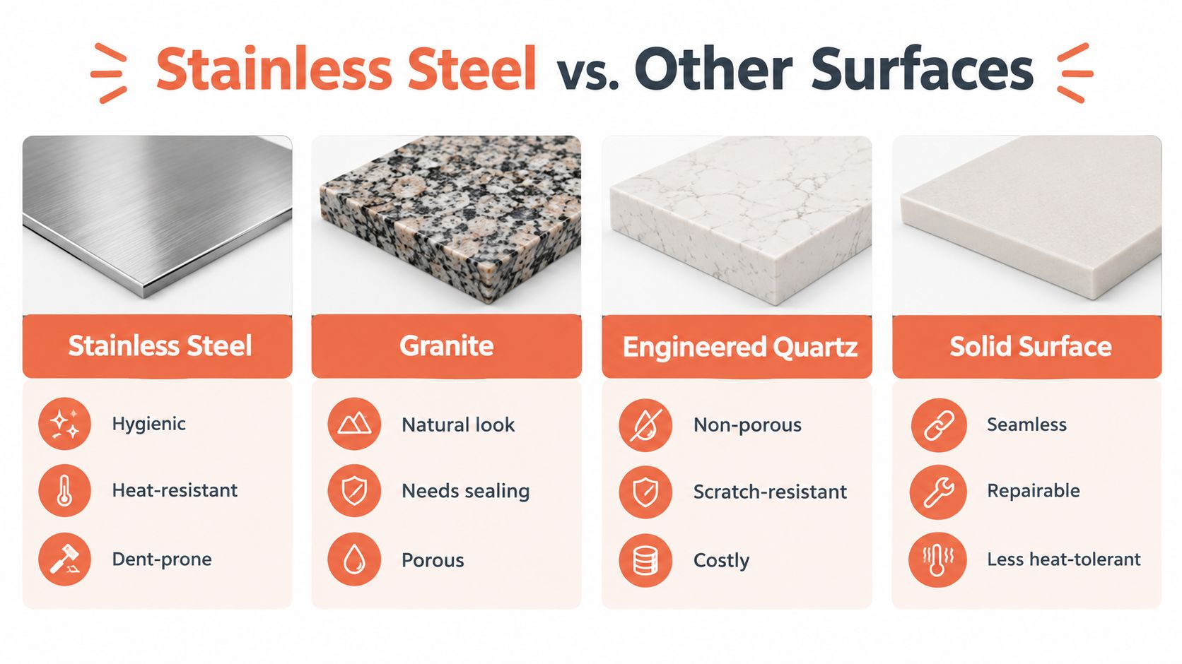 A comparison chart showing features of stainless steel, granite, engineered quartz, and solid surface kitchen countertops.