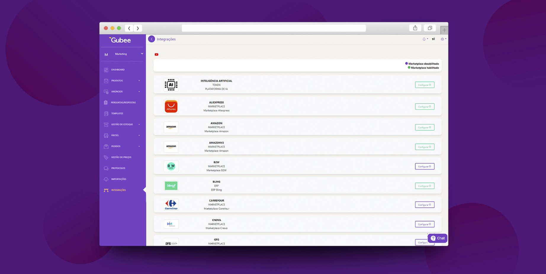 Imagem das Integrações disponíveis no Painel Unificado Gubee.