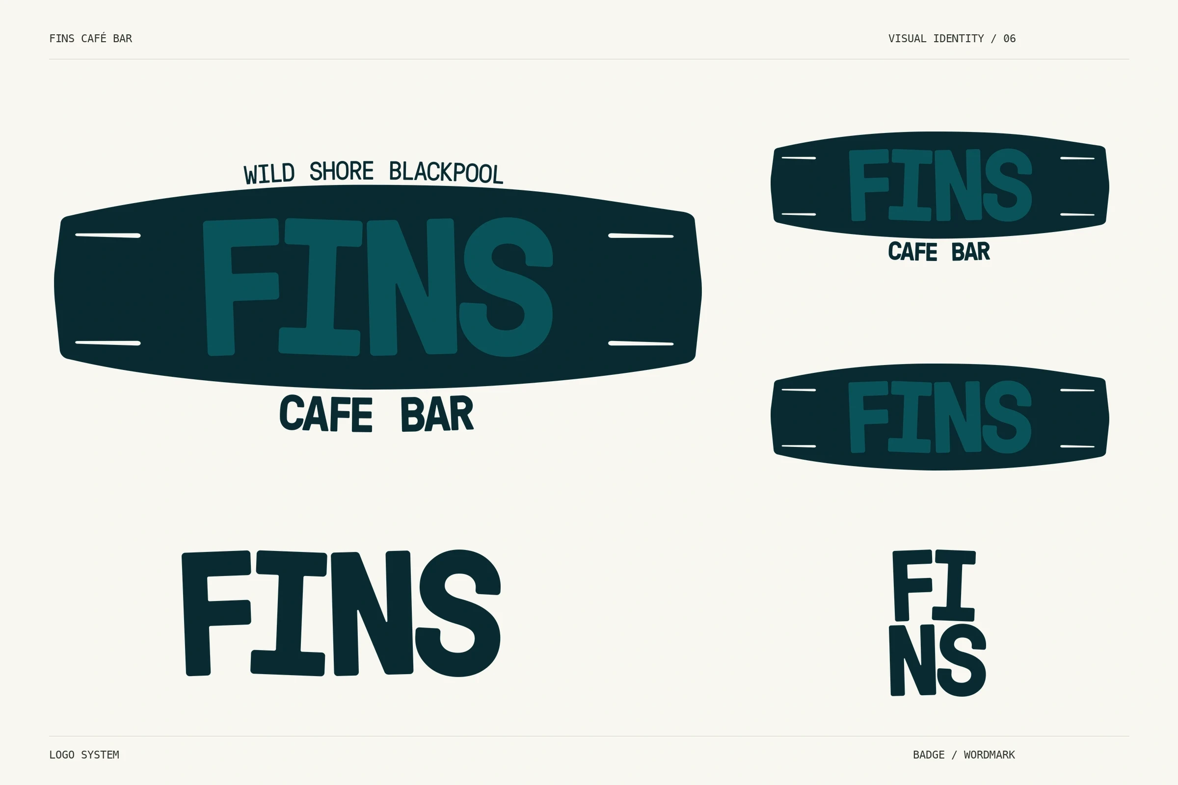 FINS Café Bar editorial logo system. Deep green badges with tonal teal lettering and dark wordmarks, showing five supplied logo variants.
