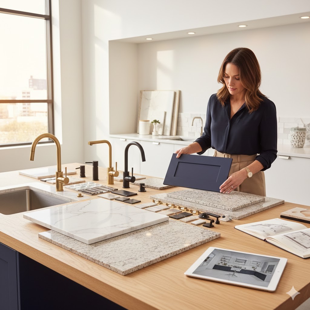 PEI Builder displaying different options for marble countertop and kitchen cabinetry before a remodel job.