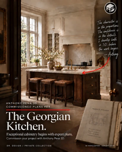 Concept kitchen with a dark wood island, three stools, pale cabinetry and a large paneled hood.