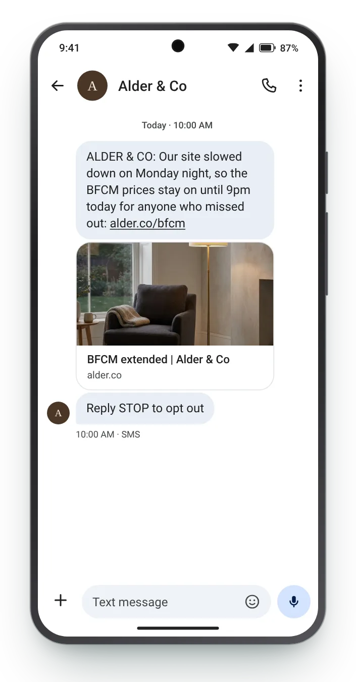 Extended by a day, said honestly BFCM text on an Android phone