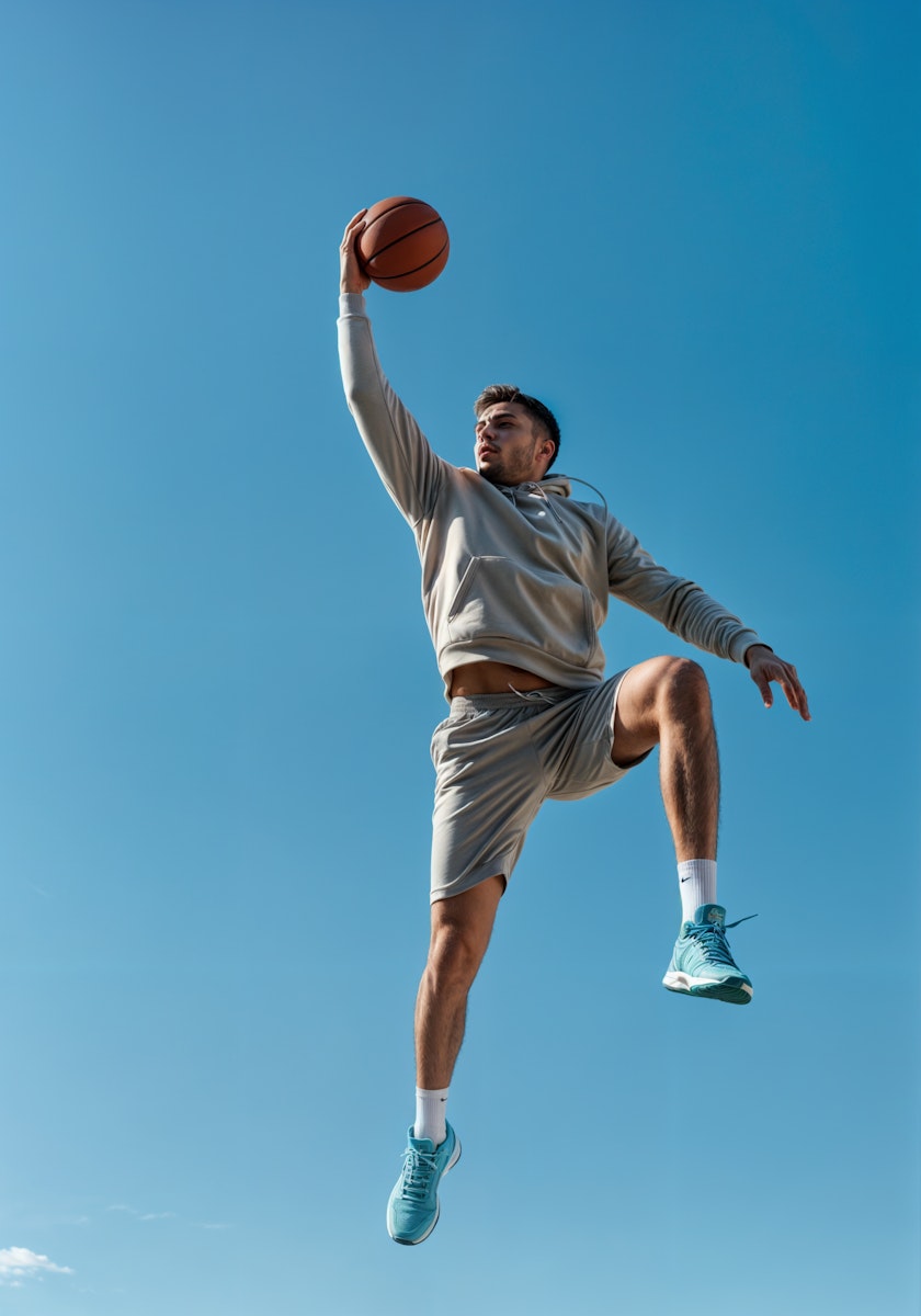 Athletic man in mid-air holding a basketball, wearing gray sportswear and blue shoes, against a clear blue sky.